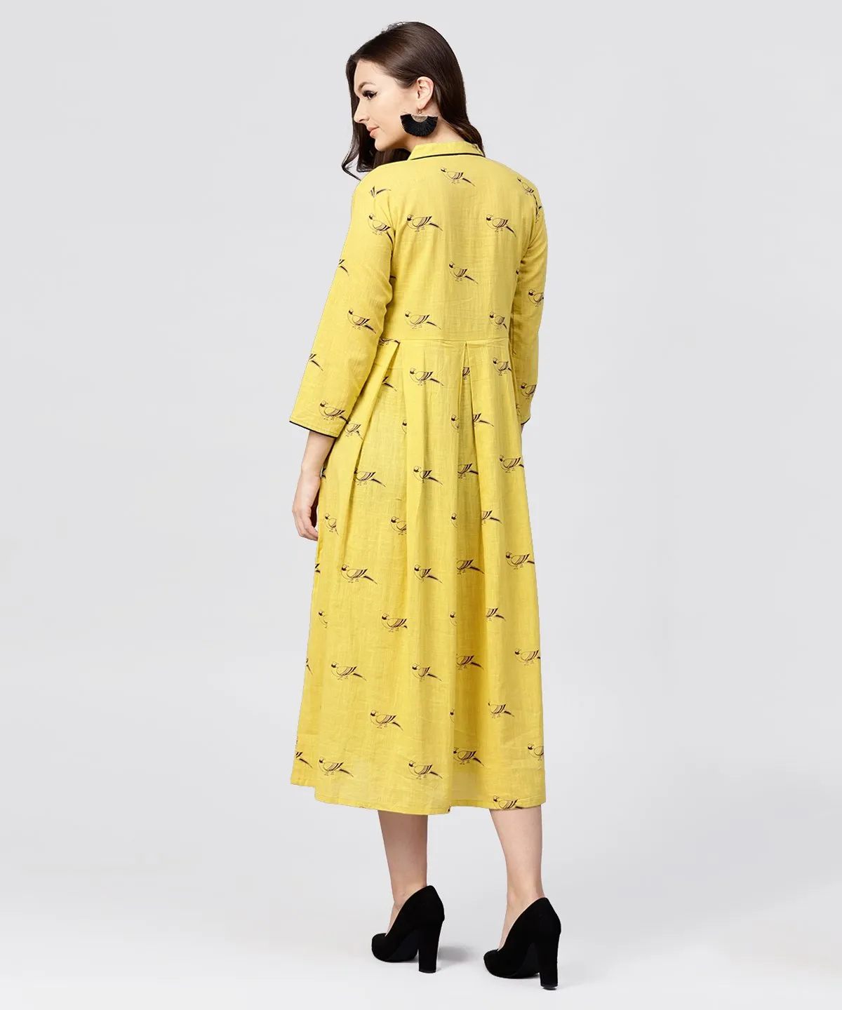 Mustard Full Sleeves Cotton Maxi Dress With Madarin Collar And Front Placket