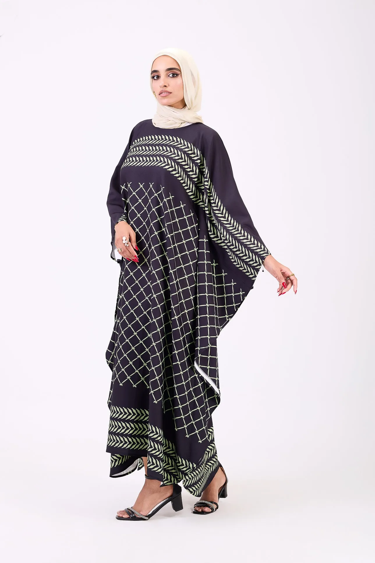 Olfa Luxe Crepe Maxi Dress with Graphic Lines and Geometric Accents