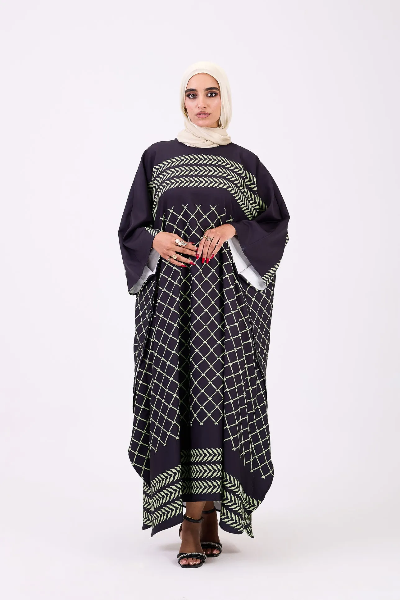 Olfa Luxe Crepe Maxi Dress with Graphic Lines and Geometric Accents