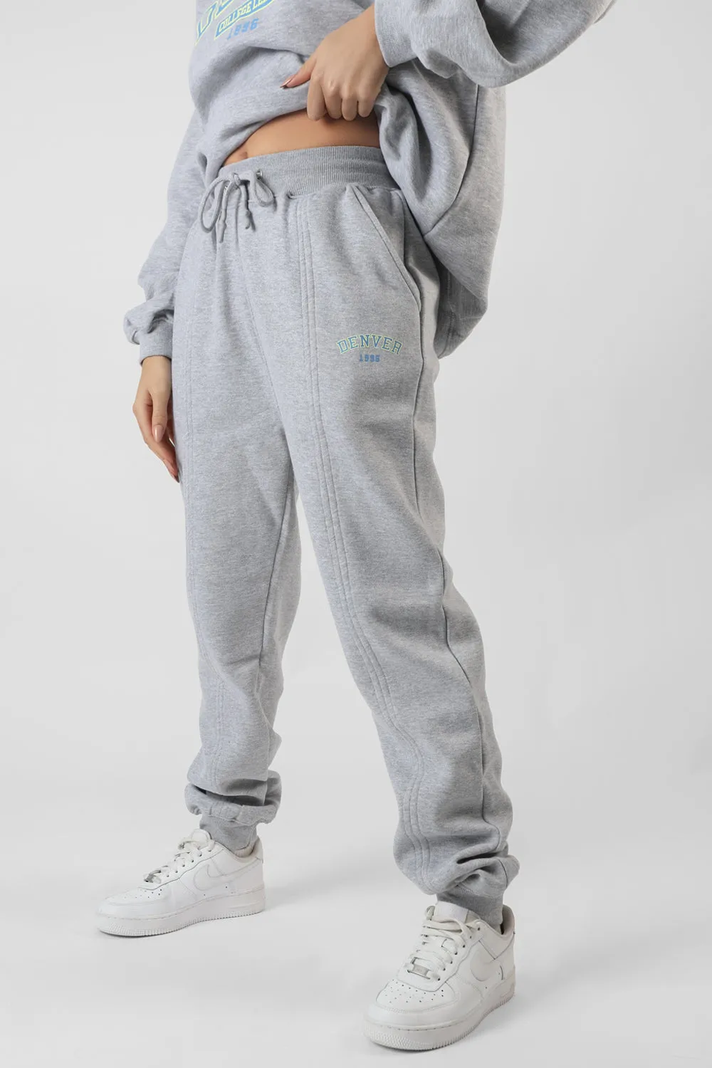 Oversized Fit Denver Print Seam Detail Joggers Grey