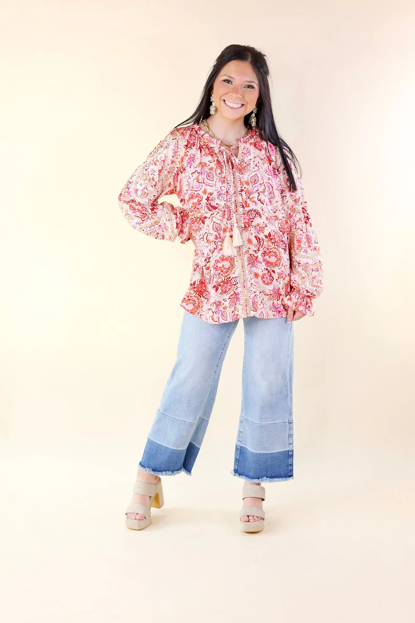 Paisley Delight Long Sleeve Floral Print Top with Embroidery in Ivory