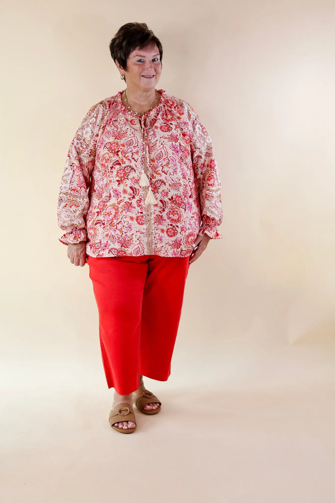 Paisley Delight Long Sleeve Floral Print Top with Embroidery in Ivory