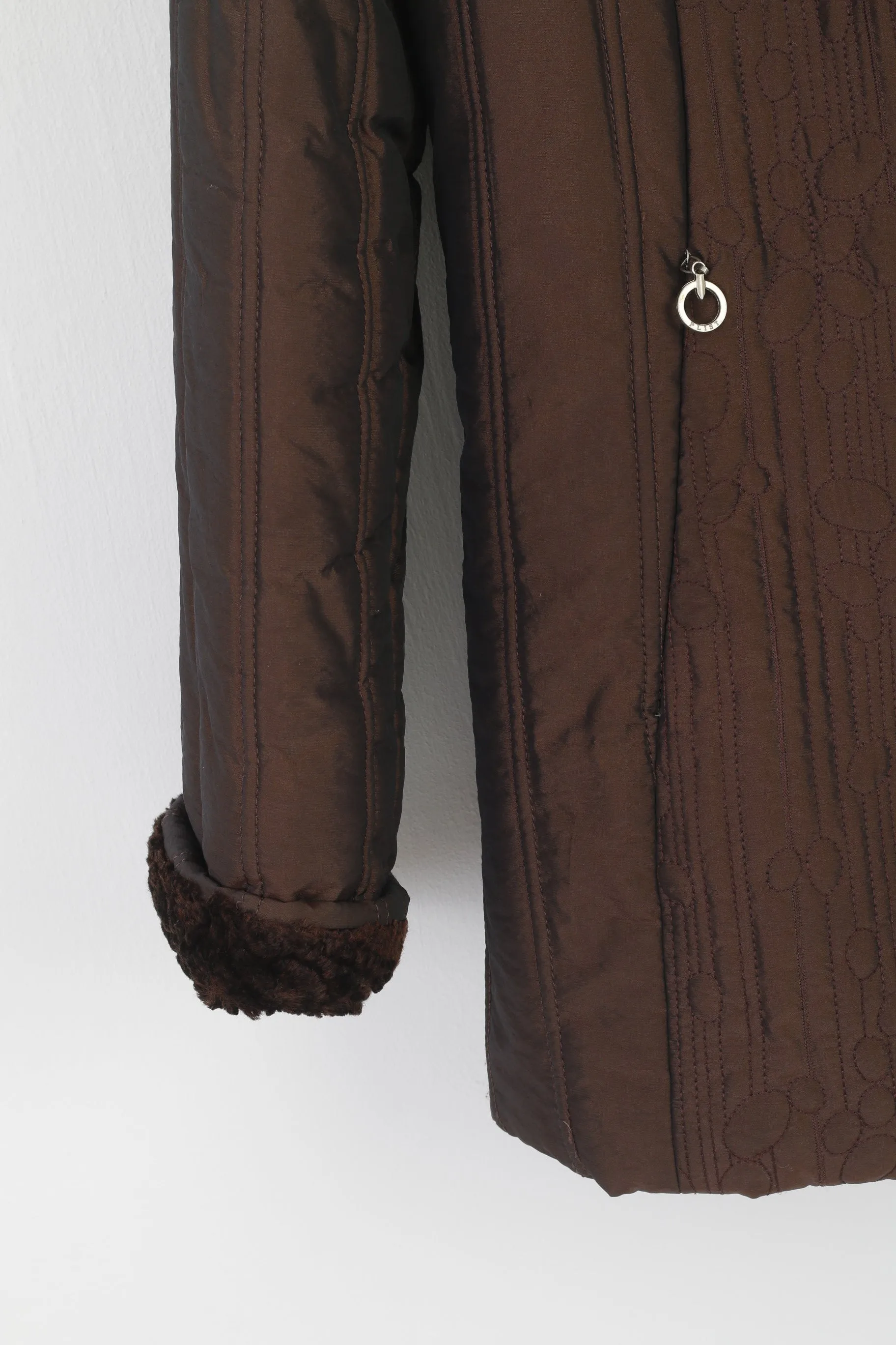 Plist Women 48 50 XL Jacket Brown Shiny Vintage Faux Fur Collar Snap Top
