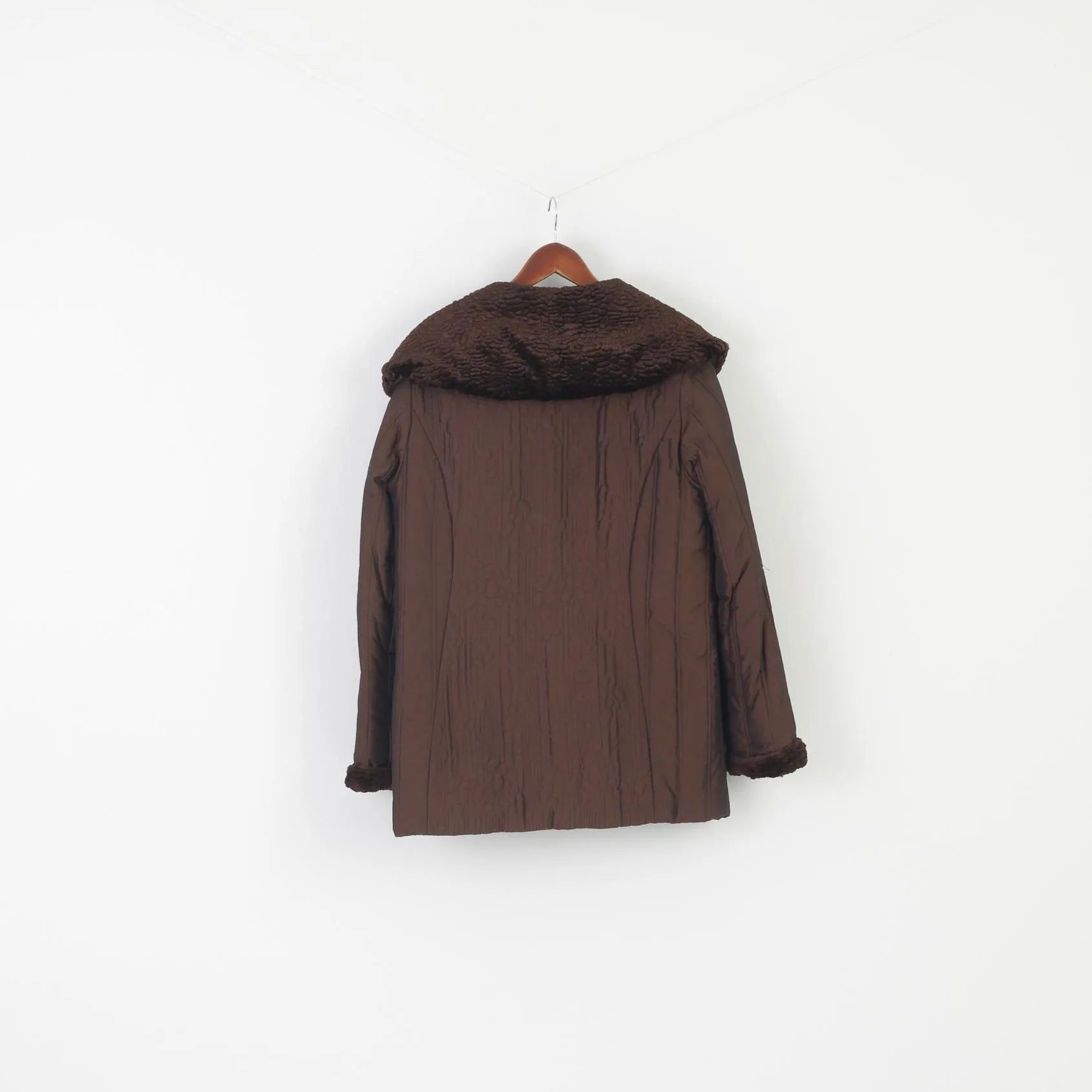 Plist Women 48 50 XL Jacket Brown Shiny Vintage Faux Fur Collar Snap Top