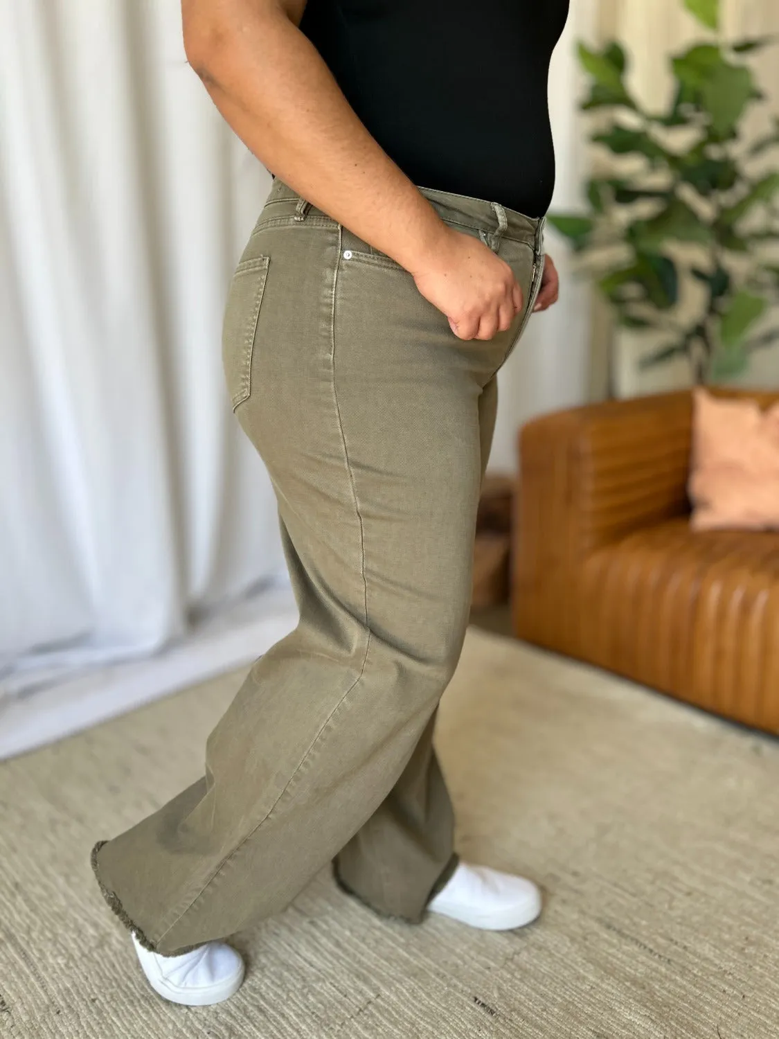 RFM High Rise Garment Dye Wide Leg Jeans - Sage