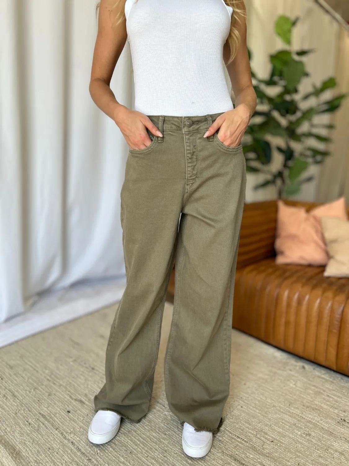 RFM High Rise Garment Dye Wide Leg Jeans - Sage