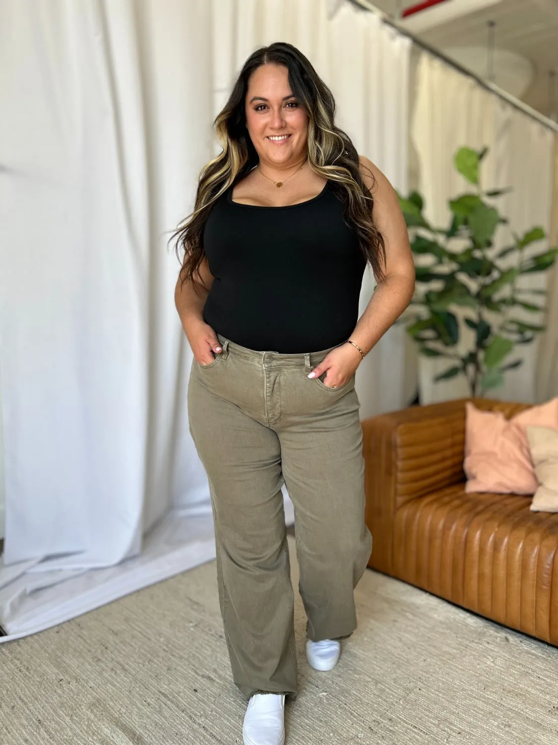 RFM High Rise Garment Dye Wide Leg Jeans - Sage