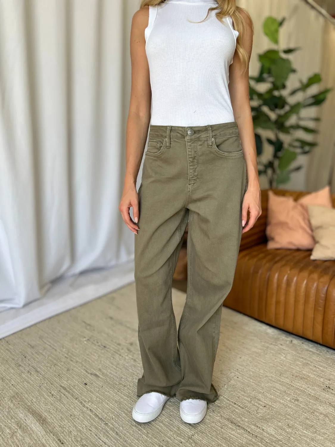RFM High Rise Garment Dye Wide Leg Jeans - Sage