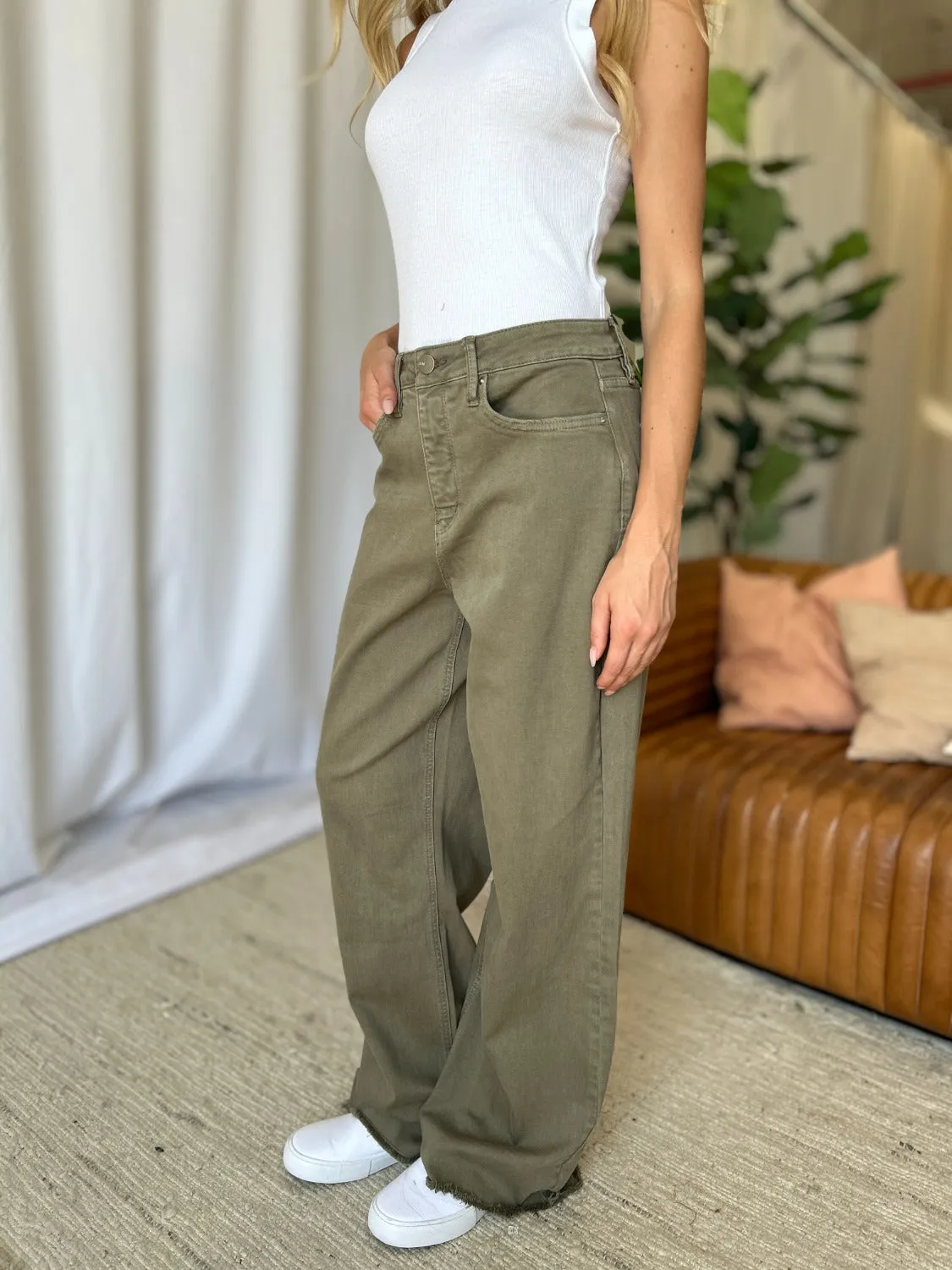 RFM High Rise Garment Dye Wide Leg Jeans - Sage