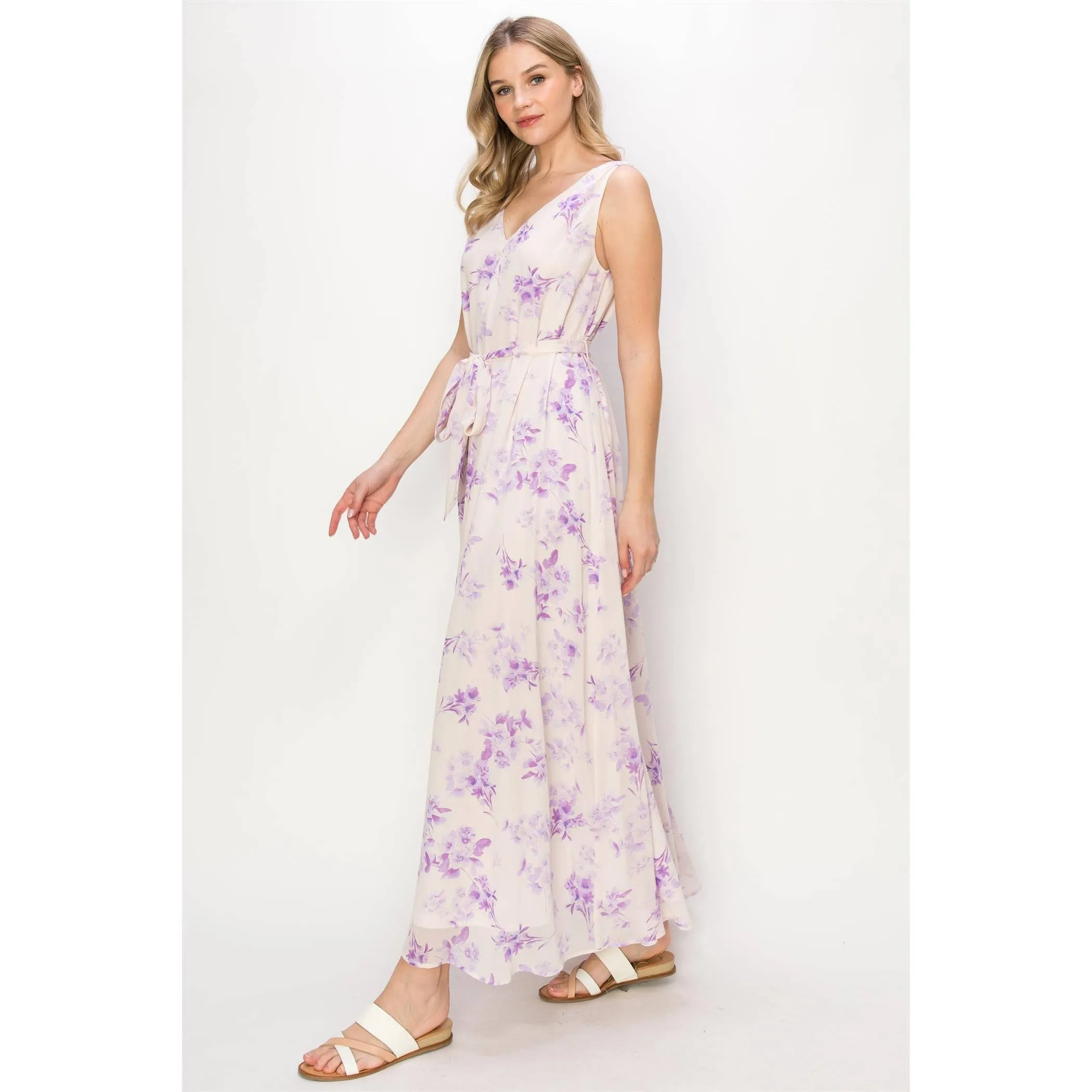 Sleeveless Lilac and Pink Chiffon Maxi Dress