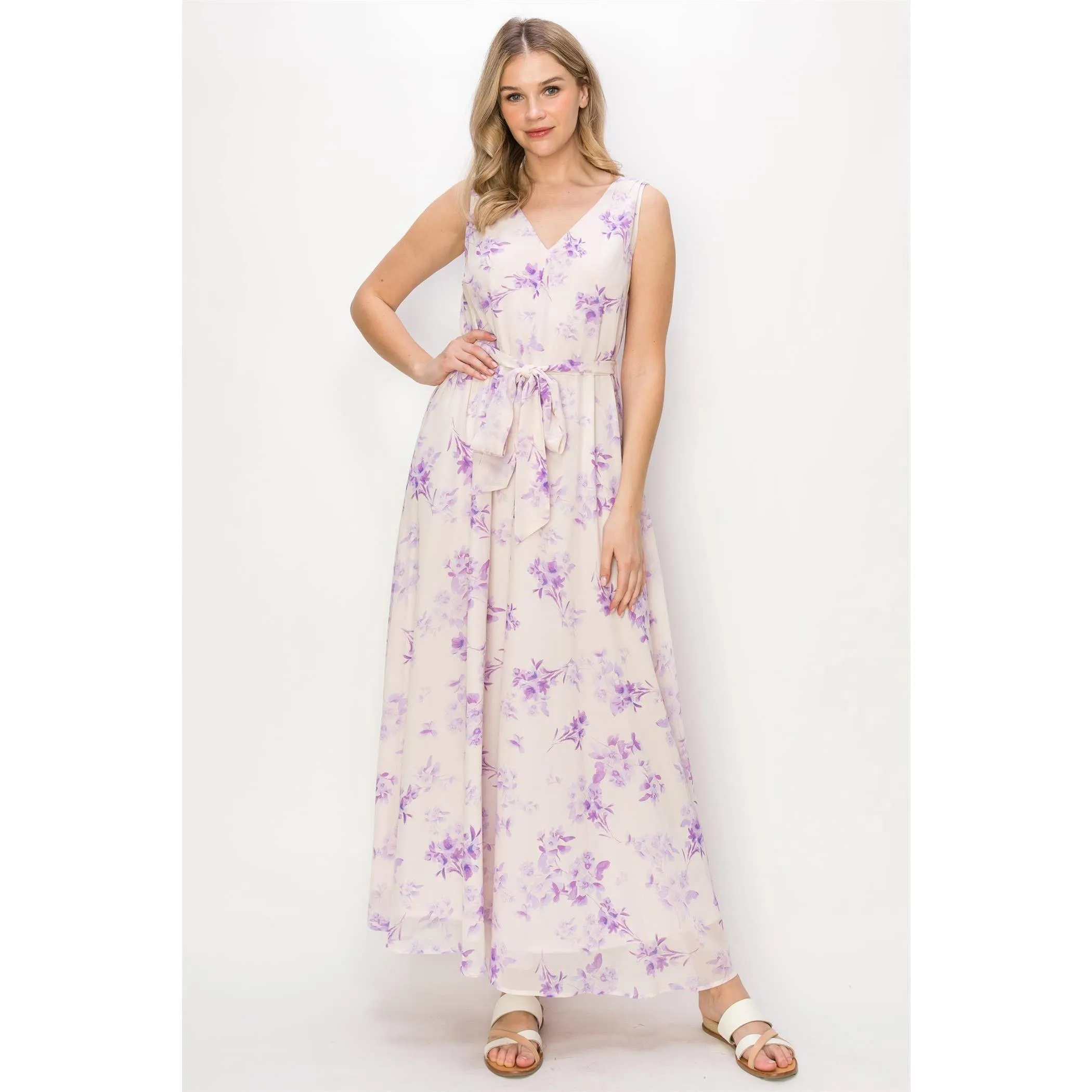 Sleeveless Lilac and Pink Chiffon Maxi Dress