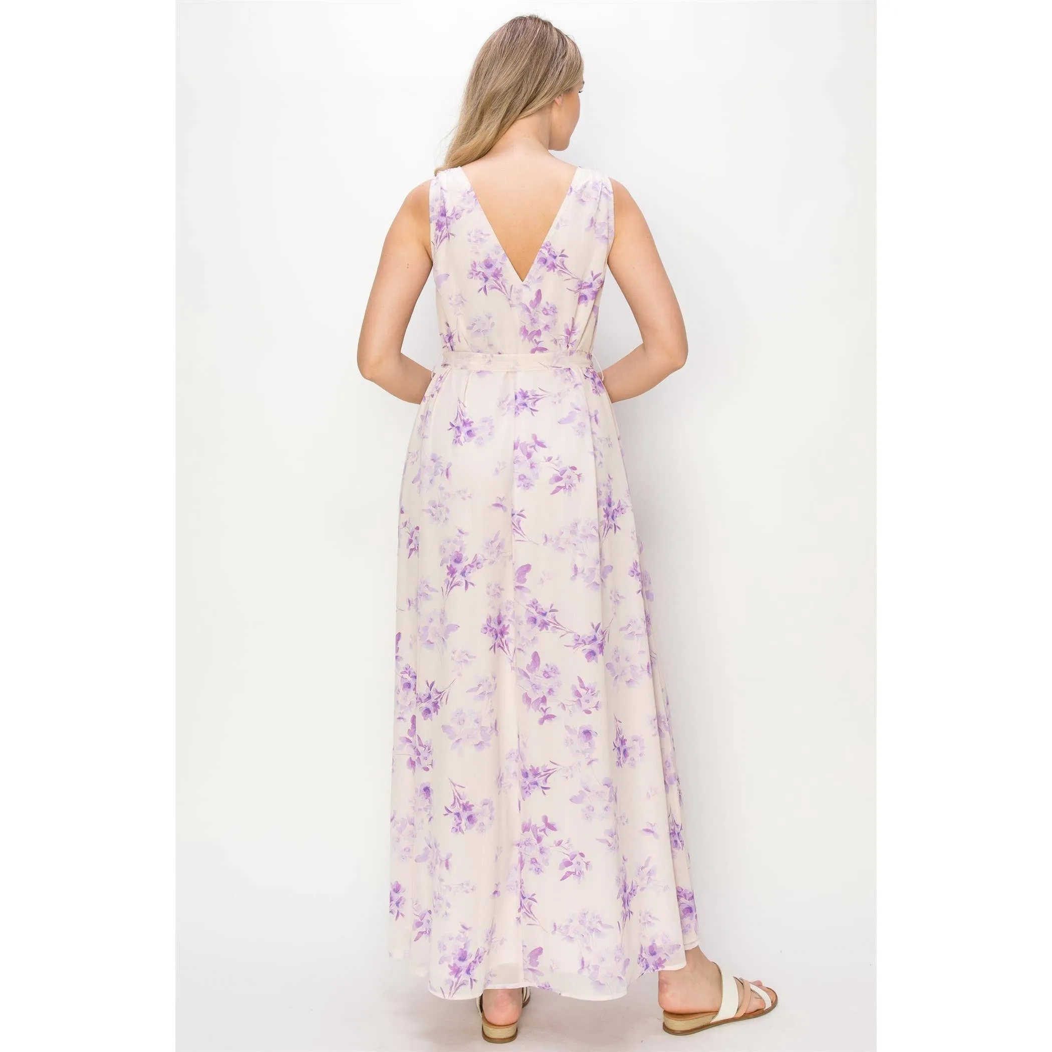 Sleeveless Lilac and Pink Chiffon Maxi Dress