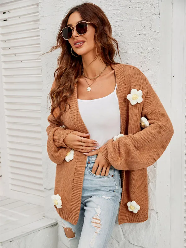 Wenkouban-Winter outfits ideas New long-sleeved floral cardigan lantern sleeves knitted sweater jacket