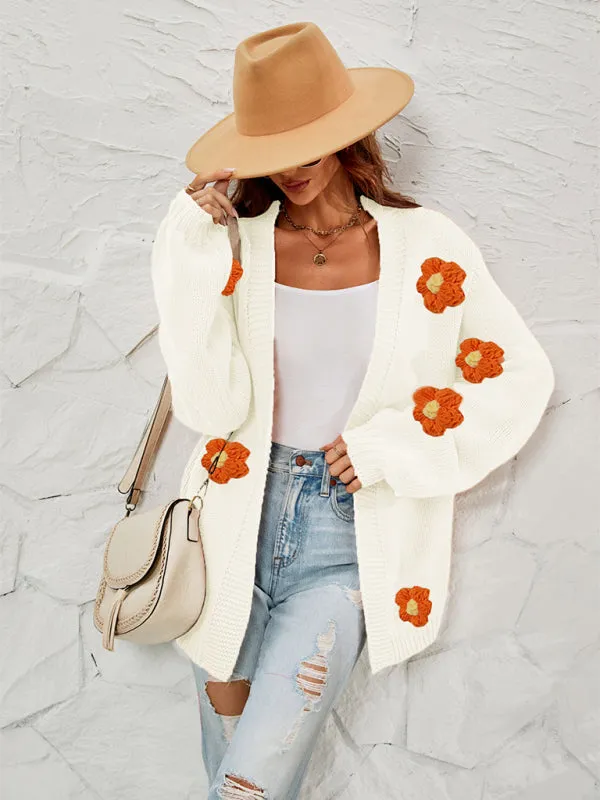 Wenkouban-Winter outfits ideas New long-sleeved floral cardigan lantern sleeves knitted sweater jacket
