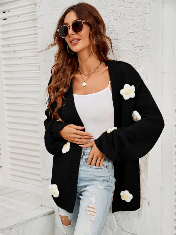 Wenkouban-Winter outfits ideas New long-sleeved floral cardigan lantern sleeves knitted sweater jacket