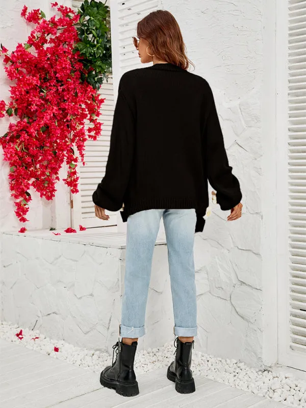 Wenkouban-Winter outfits ideas New long-sleeved floral cardigan lantern sleeves knitted sweater jacket