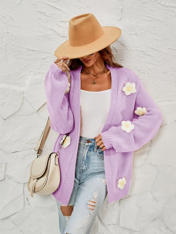 Wenkouban-Winter outfits ideas New long-sleeved floral cardigan lantern sleeves knitted sweater jacket