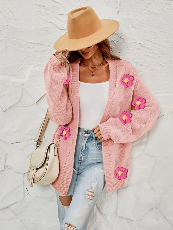 Wenkouban-Winter outfits ideas New long-sleeved floral cardigan lantern sleeves knitted sweater jacket