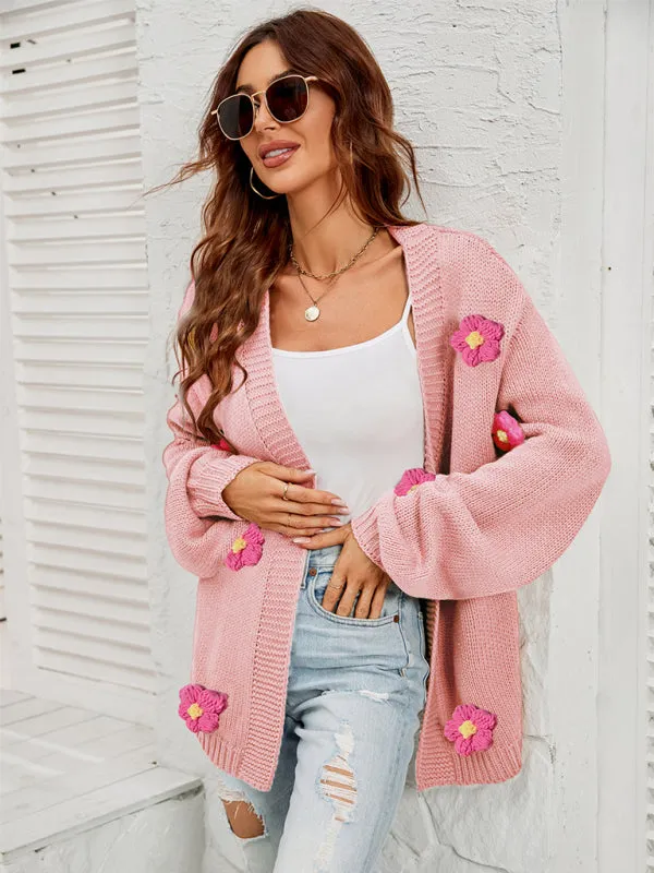 Wenkouban-Winter outfits ideas New long-sleeved floral cardigan lantern sleeves knitted sweater jacket