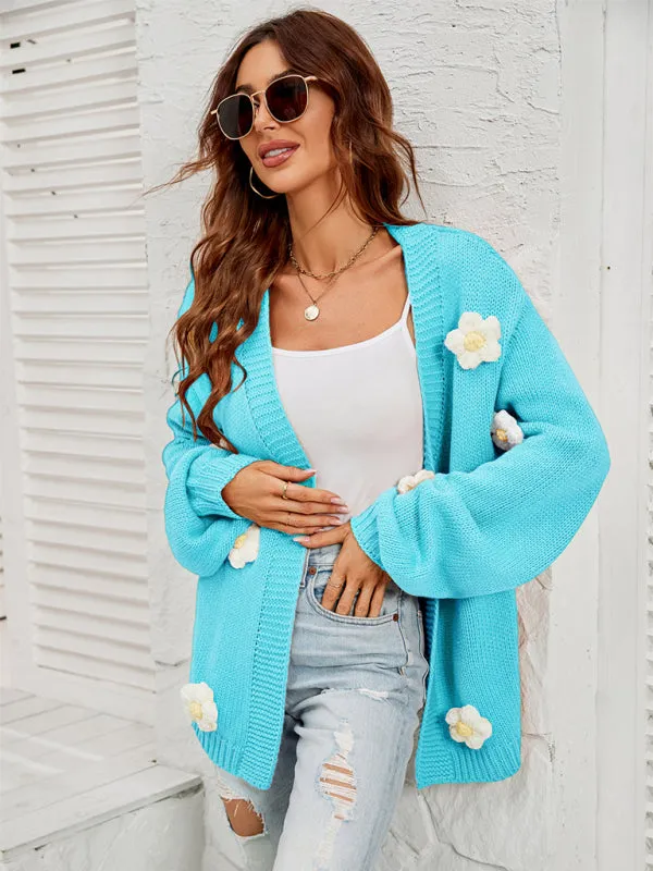 Wenkouban-Winter outfits ideas New long-sleeved floral cardigan lantern sleeves knitted sweater jacket