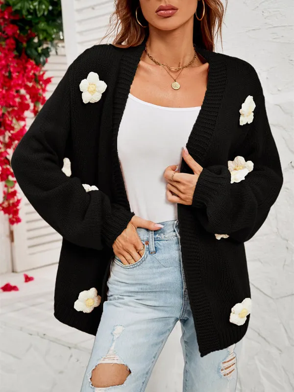 Wenkouban-Winter outfits ideas New long-sleeved floral cardigan lantern sleeves knitted sweater jacket