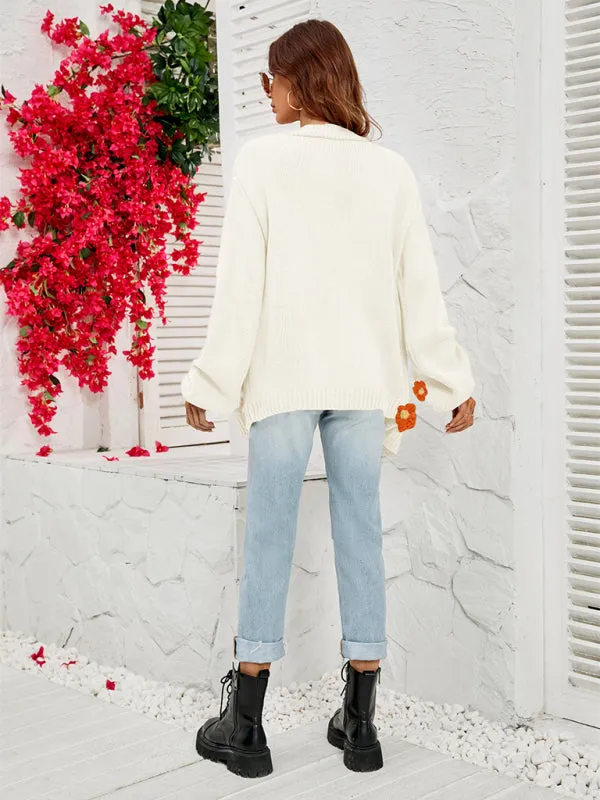 Wenkouban-Winter outfits ideas New long-sleeved floral cardigan lantern sleeves knitted sweater jacket