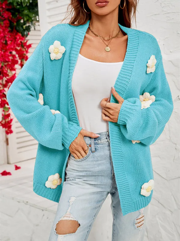 Wenkouban-Winter outfits ideas New long-sleeved floral cardigan lantern sleeves knitted sweater jacket