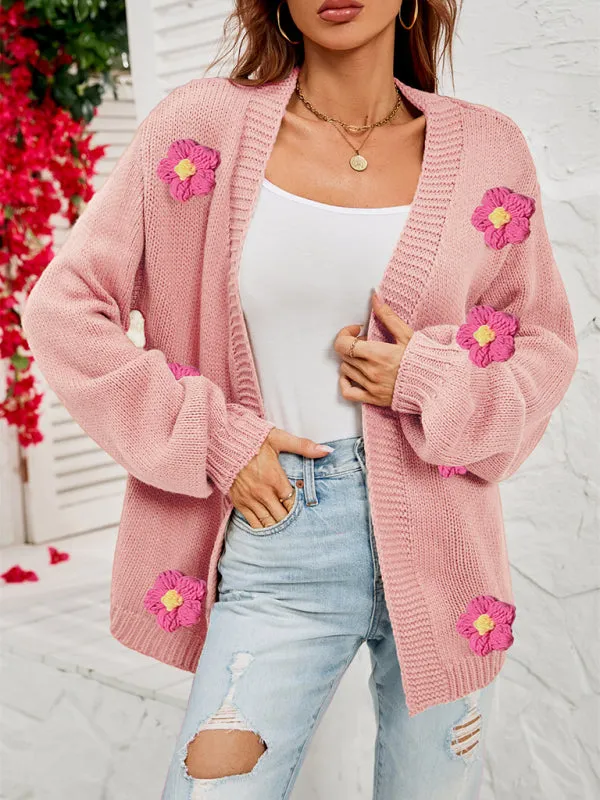 Wenkouban-Winter outfits ideas New long-sleeved floral cardigan lantern sleeves knitted sweater jacket