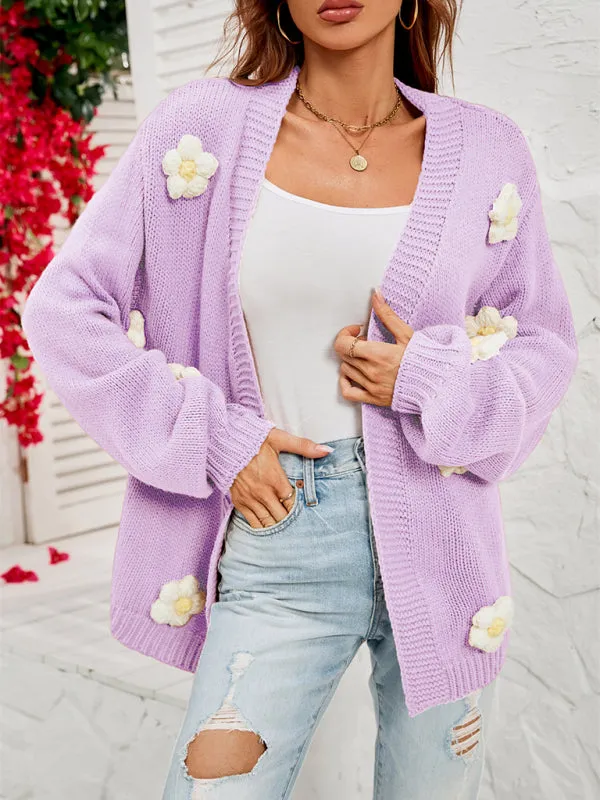 Wenkouban-Winter outfits ideas New long-sleeved floral cardigan lantern sleeves knitted sweater jacket