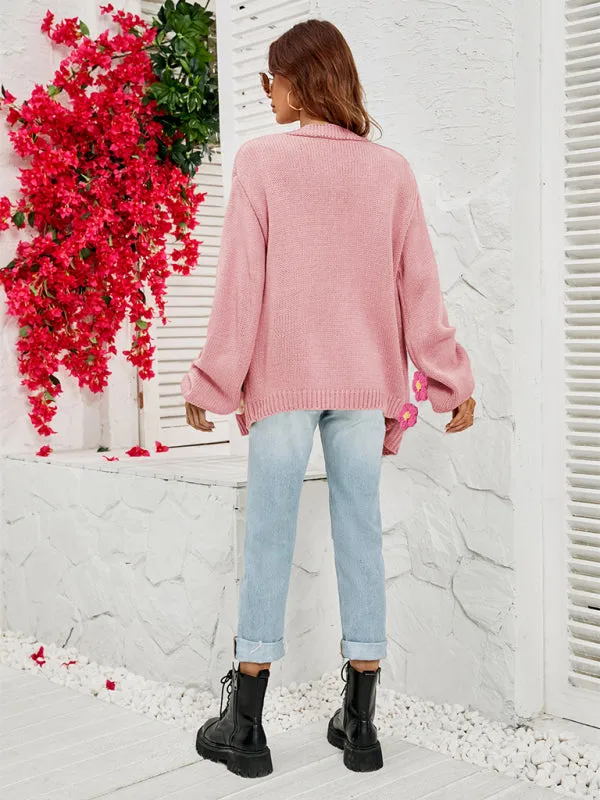 Wenkouban-Winter outfits ideas New long-sleeved floral cardigan lantern sleeves knitted sweater jacket