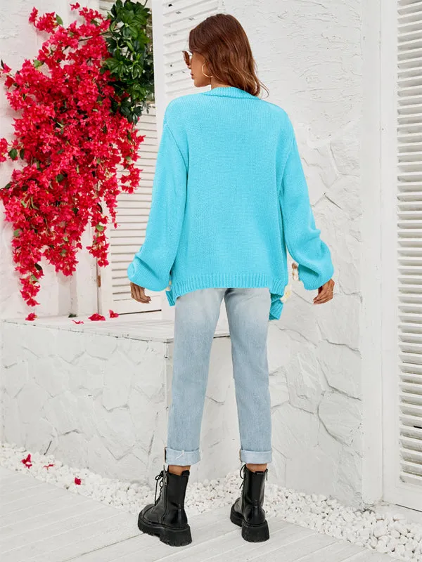 Wenkouban-Winter outfits ideas New long-sleeved floral cardigan lantern sleeves knitted sweater jacket