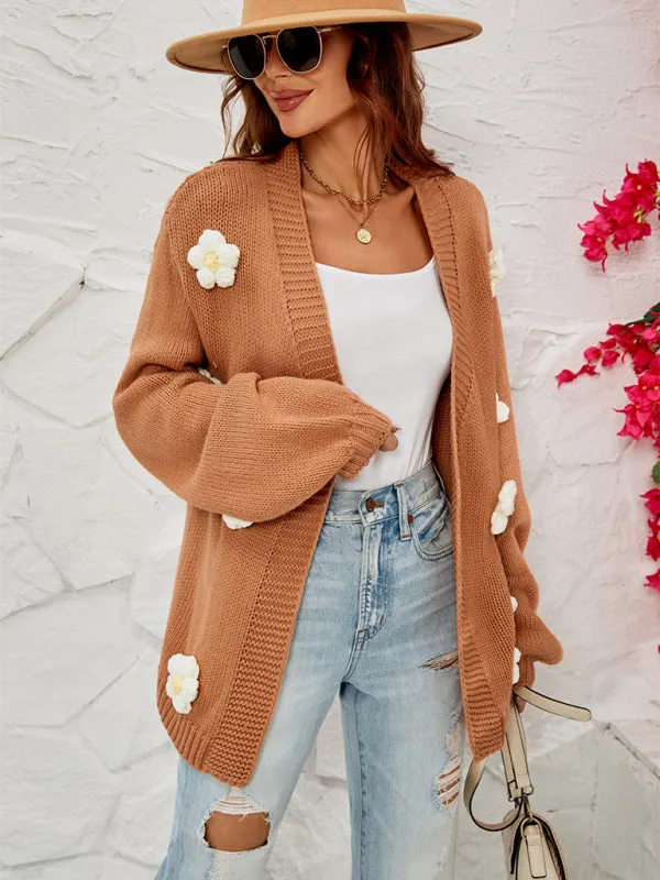 Wenkouban-Winter outfits ideas New long-sleeved floral cardigan lantern sleeves knitted sweater jacket