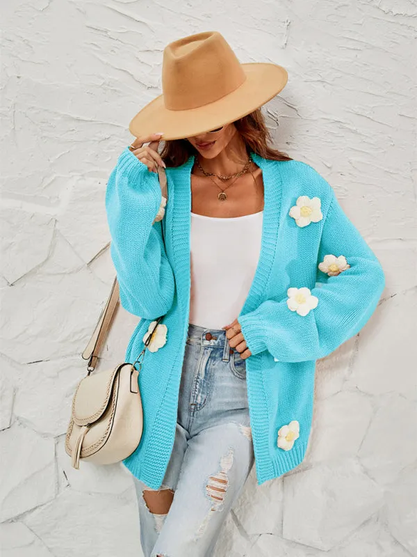 Wenkouban-Winter outfits ideas New long-sleeved floral cardigan lantern sleeves knitted sweater jacket