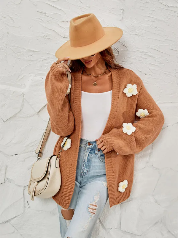 Wenkouban-Winter outfits ideas New long-sleeved floral cardigan lantern sleeves knitted sweater jacket