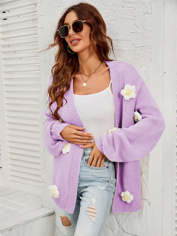 Wenkouban-Winter outfits ideas New long-sleeved floral cardigan lantern sleeves knitted sweater jacket