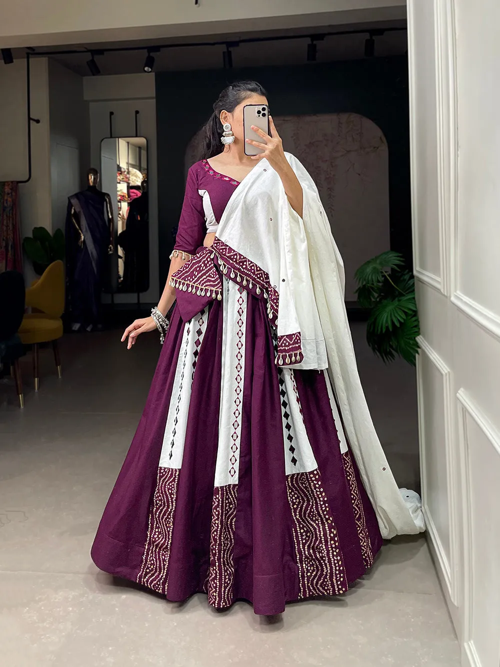 Wine Color Original Mirror Work With Bandhani Printed Cotton Chaniya Choli