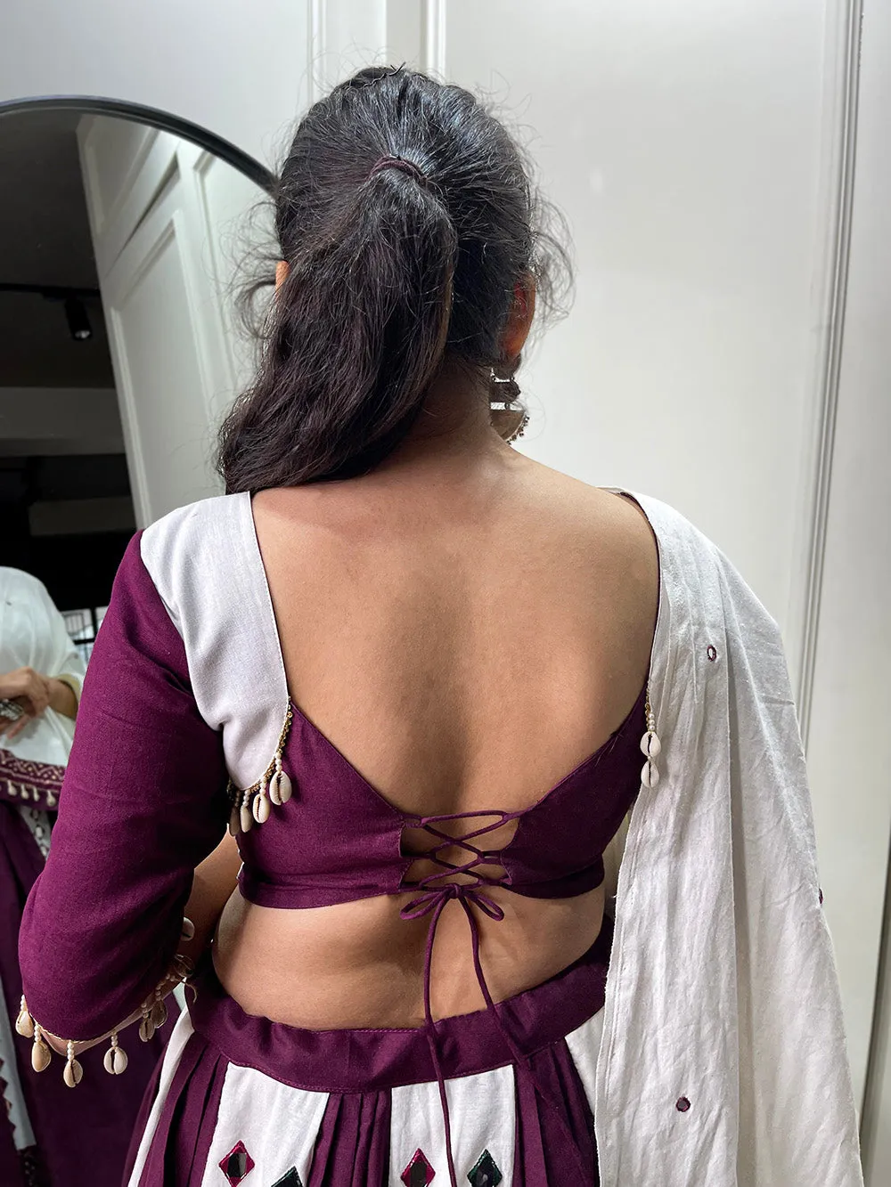 Wine Color Original Mirror Work With Bandhani Printed Cotton Chaniya Choli