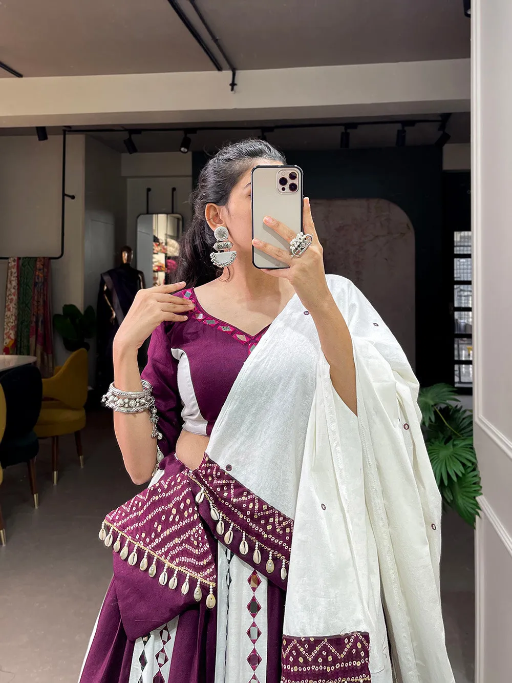 Wine Color Original Mirror Work With Bandhani Printed Cotton Chaniya Choli