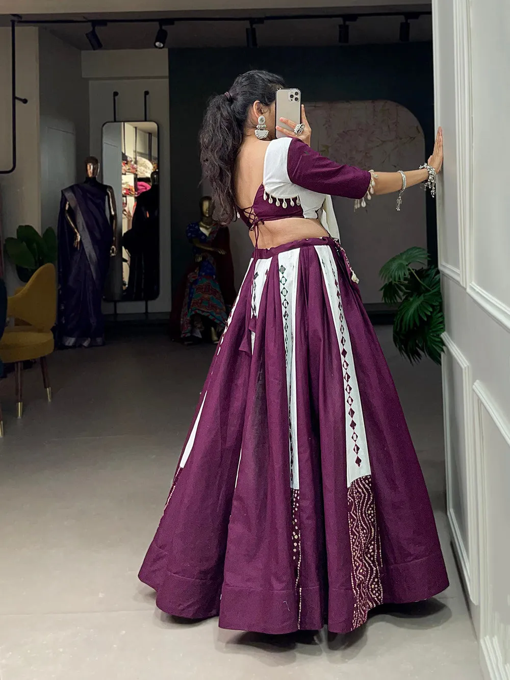 Wine Color Original Mirror Work With Bandhani Printed Cotton Chaniya Choli
