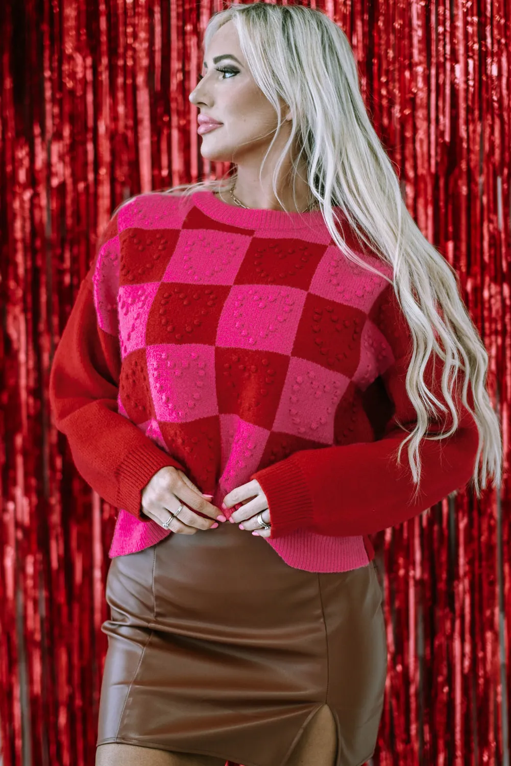 Women's Checkered Pattern Heart Detail Textured Sweater