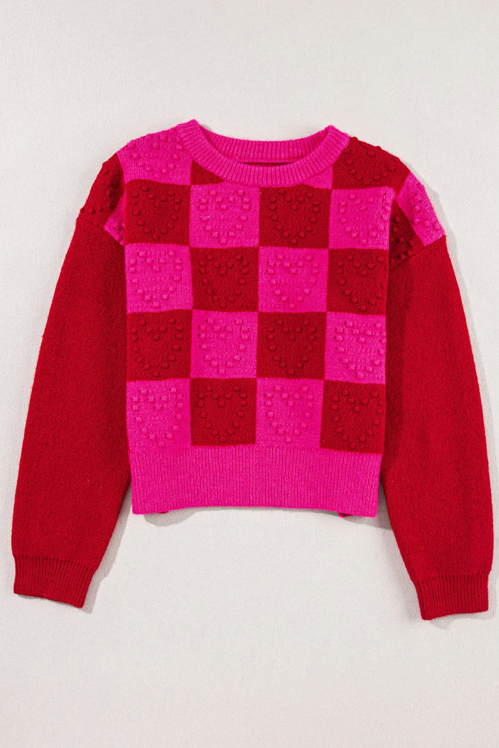 Women's Checkered Pattern Heart Detail Textured Sweater