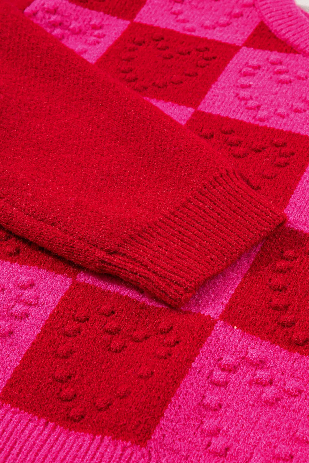 Women's Checkered Pattern Heart Detail Textured Sweater