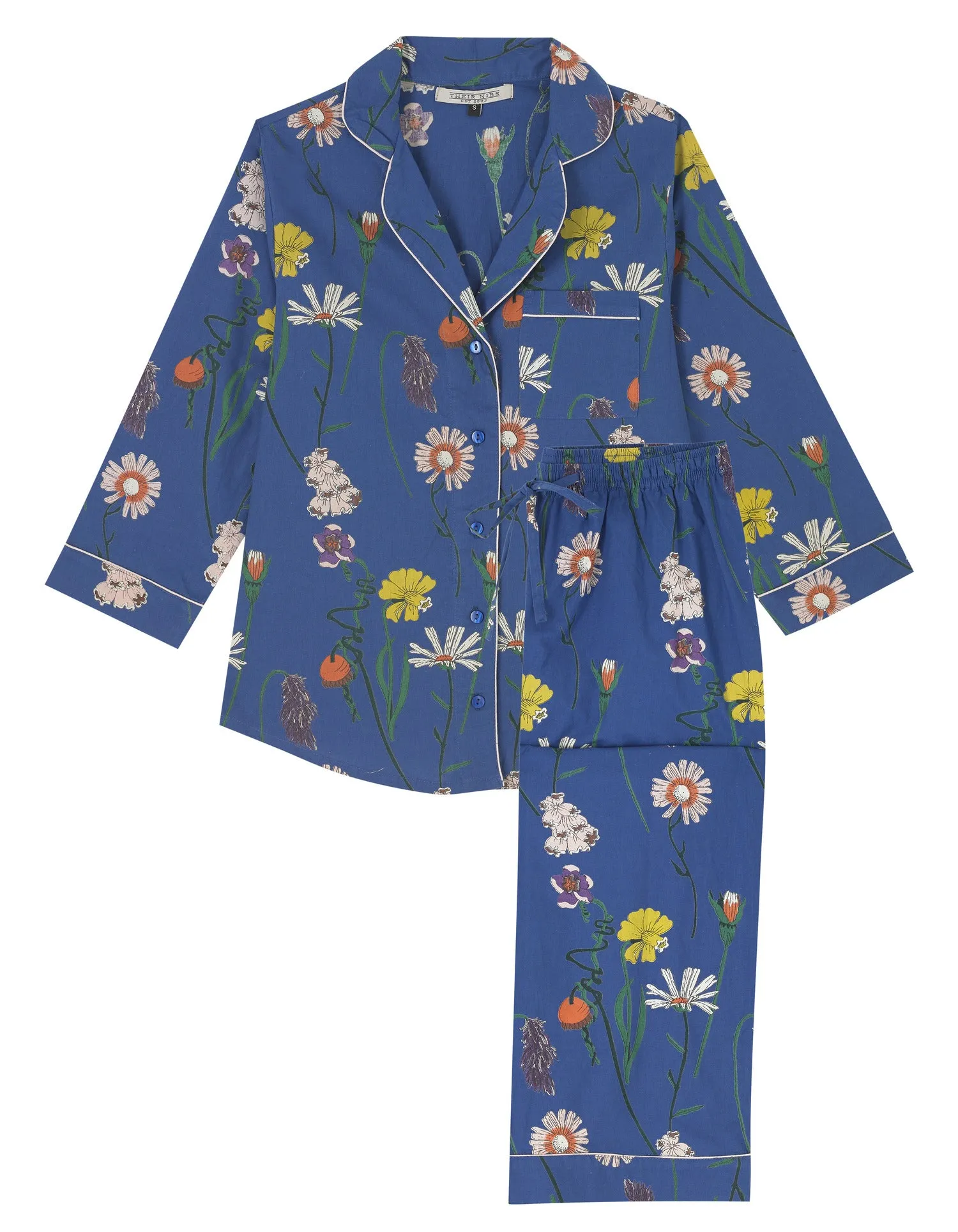 Womens Cotton Long Sleeve Capri Pyjamas Navy Field Flower