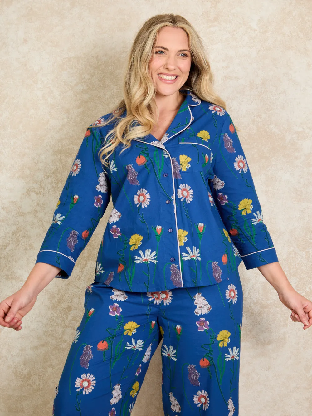 Womens Cotton Long Sleeve Capri Pyjamas Navy Field Flower