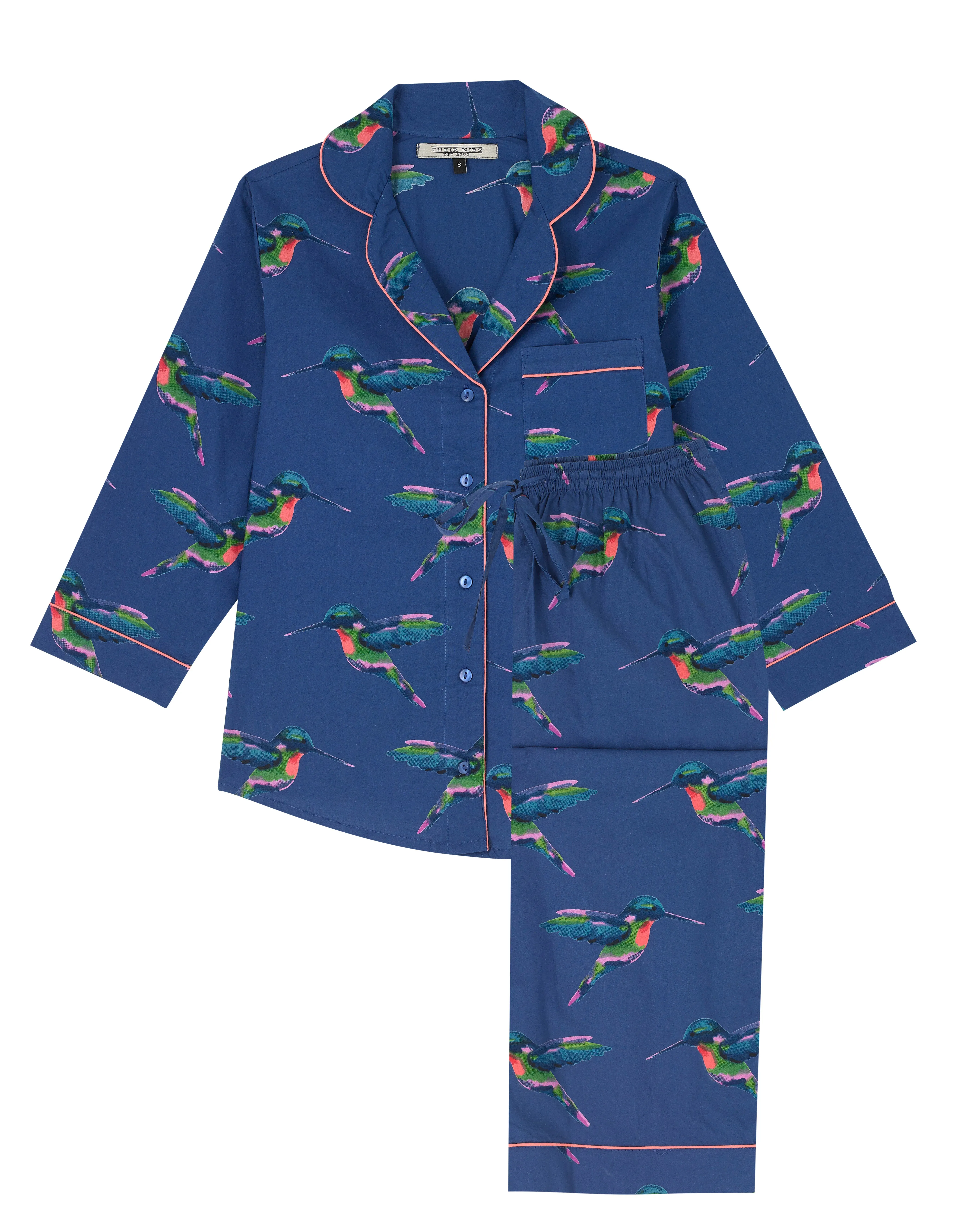 Womens Cotton Long Sleeve Capri Pyjamas Navy Hummingbird